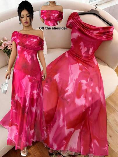 Elenzga Women's Elegant Ruched Foldover Asymmetrical Shoulder Cinched Waist Vacation Dress, Summer