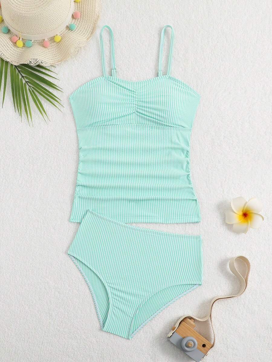 SHEIN Girls Striped Two Pieces Tankini Swimsuit - Green - View 1