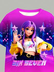 SHEIN Phong cách thể thao Cyberpunk màu tím neon ngọt ngào và cá tính, hình cô gái hoạt hình K-POP, in hình cử chỉ tay số 6-7, bộ 2 món áo thun ngắn tay cổ tròn và quần short thoải mái dành cho bé gái, thích hợp cho mặc hàng ngày, ở nhà hoặc khi chơi thể thao vào mùa xuân/hè. - Nhiều màu - Xem 5