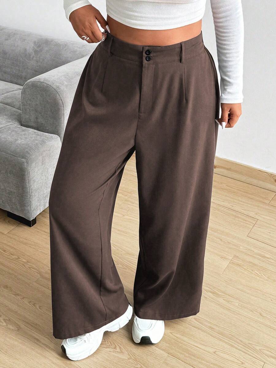 Vionelle Plus Size Women's Solid Color Button Casual Versatile Wide Leg Pants For Daily Wear - Coffee Brown - View 1
