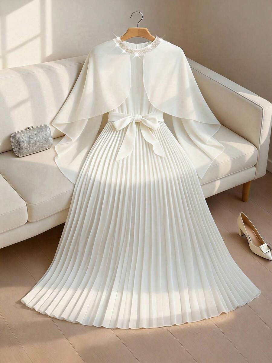 Franclia Women's Solid Color Round Neck Elegant Rhinestone Decor Pleated Dress - White - View 1