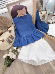 INAWLY Plus Size Women Casual Solid Color Ribbed Knit Tank Top And Denim-Look Shorts 2 Pieces Set - Royal Blue - View 6