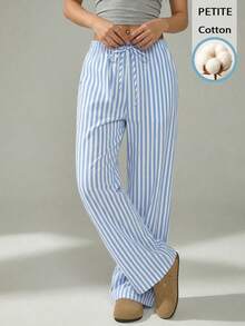 SHEIN PETITE Pantalones a rayas azules y blancas de 52% algodón, adecuados para mujeres de talla pequeña en primavera/verano - Azul y blanco - Ver 5