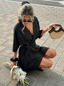 Serisse 女士纯色金属装饰时尚约会派对迷你连衣裙 - 黑色 - 查看 7