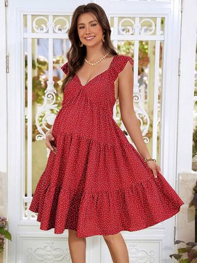 SHEIN Pregnant Women's Sweet Ruffled Cap Sleeve Multi-Layer Pleated Polka Dot Dress