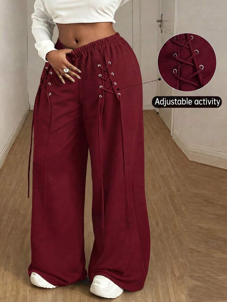 Maweii Pantalones deportivos informales con cordón para mujer talla grande, diseño personalizado, color negro, adecuados para otoño/invierno - Burdeos - Ver 1