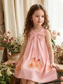 Robe de princesse sans manches avec décoration de nœud rose, convenant pour les fêtes et les occasions extérieures. mode printemps/été pour jeunes filles. - Rose bonbon - Voir 1