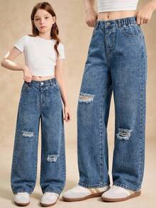 Jeans rectos y sueltos de color azul oscuro lavado para niñas, uso casual y versátil diario, diseño minimalista y de moda - Azul lavado oscuro - Ver 1