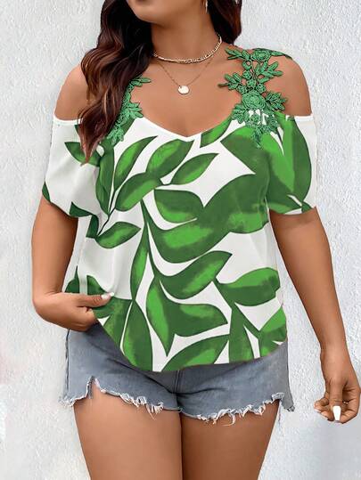  Blusa de hombros descubiertos con estampado floral de verano casual de vacaciones EMERY ROSE de talla grande, blusa roja estampada, blusas casuales para mujer