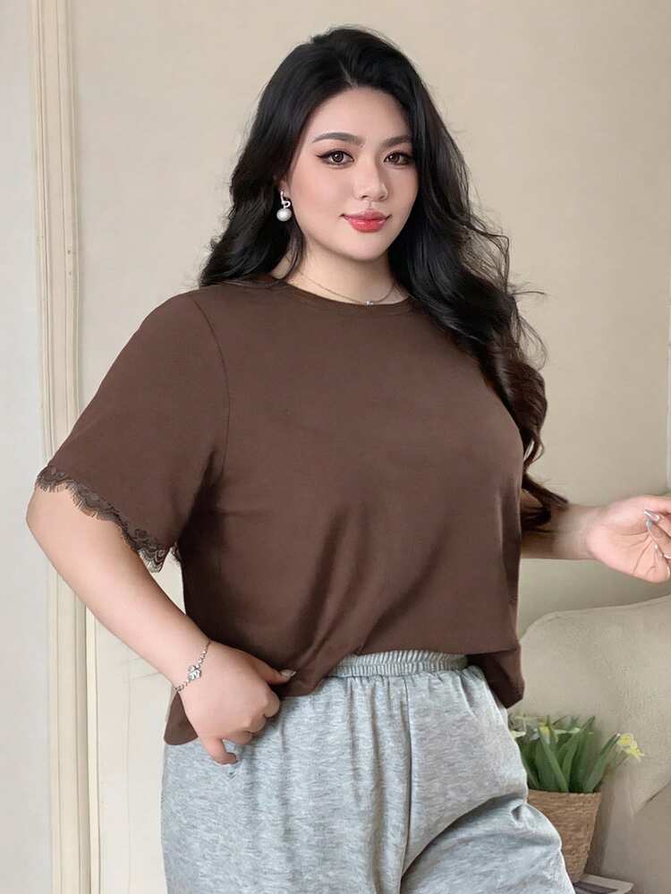 Dazy Plus Black Loose Fit Round Neck T-Shirt With Lace Trim Sleeves Oversized