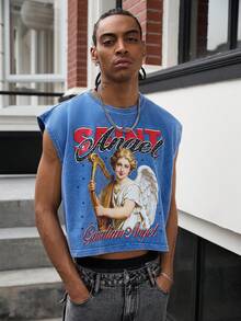 GALLERY FADE 男士休闲天使字母印花背心，夏季 - 藍色 - 查看 4