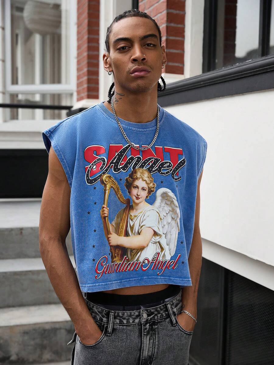 GALLERY FADE 男士休闲天使字母印花背心，夏季 - 藍色 - 查看 1