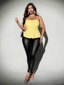 Viva Relle 大尺碼女款純色優雅通勤繫帶細肩帶上衣，Curve 黃色荷葉邊上衣，適合夏季夜晚外出、夜店、休閒出遊 - 鵝黃色 - 查看 5