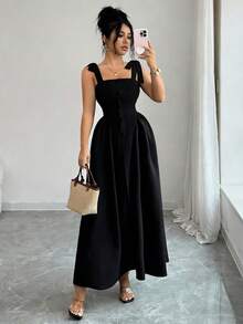 Elenzga 新款系带肩部纹理双色编织中长连衣裙，青春优雅百搭的办公服饰 - 黑色 - 查看 7