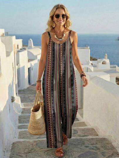 Faunlyn Women's Bohemian Geometric Stripe Wide-Leg Jumpsuit - Sleeveless Summer Vacation Outerwear & Overalls, Perfect For Beach, Cruise, Music Festival, Concert, Wedding Guest, City Trip, Island Wear