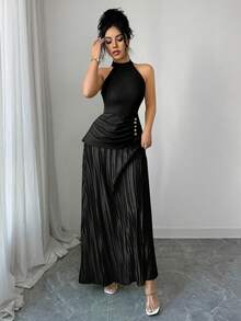 SHEIN Elenzya 女士绿色圆领吊带长裙，夏季度假风优雅无袖褶裥下摆二合一设计连衣裙 - 黑色 - 查看 6