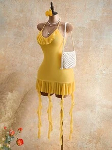 Mistrie Bộ sưu tập thời trang nữ Xuân Hè 2026 mới, cổ áo choker gợi cảm với họa tiết lá uốn lượn, đầm dài, tôn dáng, phong cách Y2K tái hiện, ngọt ngào quyến rũ, chất liệu vải xuyên thấu, đầm trễ vai, trang phục đi nghỉ mát, trang phục lễ hội, dành cho thiếu nữ, thanh niên, chất liệu vải nhẹ, phù hợp cho kỳ nghỉ ở bãi biển Miami, đầm đi biển. - Màu vàng - Xem 6