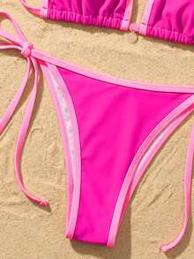 Swim Mod Women's New Solid Color Triangle Cup Bikini Set, Sexy Tie-Up Contrast Color Swimsuit 2 Pieces - Hot Pink - View 4
