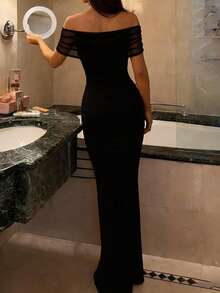 NOVVYNE 女士优雅派对时尚性感网纱拼接露肩修身荷叶边连衣裙 - 黑色 - 查看 2