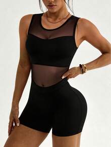 Slayform 女士黑色无袖网纱拼接露背V领连体裤，适合日常休闲穿着、跑步、瑜伽、健身、网球、高尔夫等运动。 - 黑色 - 查看 7