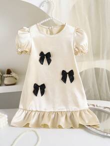 Elladie kids Soft Beige Flower Girl Party Dress For Kids,Summer Charming Young Girls Puff Sleeves Pearlescent Decor Gown With Black Bows,Round Neck Adorable Bride - Apricot - View 4