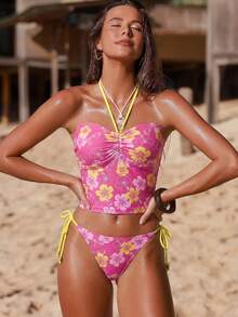 Swim Vcay Bộ bikini nữ mùa hè đi biển, họa tiết hoa, váy ngắn cổ trễ, phong cách thường ngày đi nghỉ mát, thích hợp cho lễ hội âm nhạc, đi biển. - Nhiều màu - Xem 5