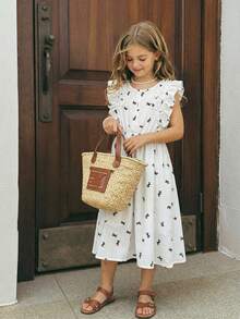ChillGRL 1 pieza Vestido de línea A con diseño de empalme de volantes y estampado de mariposas "Chill GRL Sweet Vacation" para niñas preadolescentes, adecuado para uso diario, vacaciones y reuniones con amigos - Blanco - Ver 1