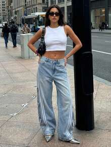 Anewsta Heavy-Duty Blue Striped Print Denim Jeans Baggy Jeans Women Loose Jeans Baggy Jeans Y2k Wide Leg Jeans Oversized Jeans - Blue - View 2