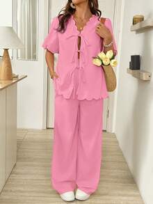 Set de 2 piezas de top con mangas de farol con volantes y nudo delantero y pantalones con cintura ajustable para embarazadas, conjunto de moda para vacaciones - Rosa - Ver 3