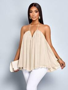 SOLERSUN Áo tank top hai dây xếp lớp, cổ chữ V sâu, chất liệu lấp lánh, chất liệu vải cao cấp dành cho nữ. - Màu be - Xem 3