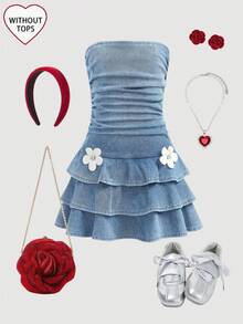 SHEIN 少女碎花蓝色牛仔透明吊带迷你连衣裙 - 淺色水洗藍 - 查看 2