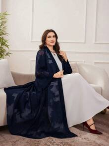 Al Najma Women's Chiffon Jacquard Elegant Loose Fit Abaya Robe, Versatile Plus Size - Navy Blue - View 1