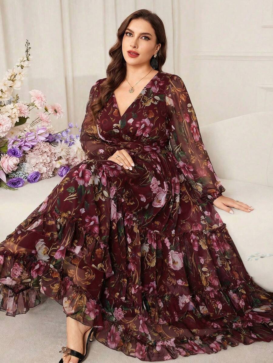 Modelyn Vestido midi elegante de talla grande para mujer con mangas farol, cintura ceñida y estampado floral - Burdeos - Ver 1