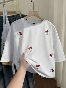 Comfortcana Áo thun tay ngắn cỡ lớn màu trắng thêu hoa anh đào - trắng - Xem 7