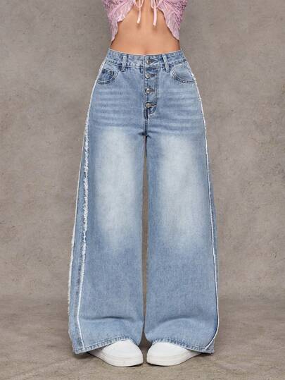 Jeanoix Women's Button Front Pocket Frayed Hem Loose Casual Jeans