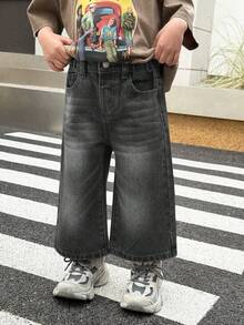 SHEIN Little Byeori 男童休闲水洗阔腿牛仔裤 - 黑色 - 查看 4