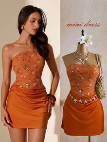 SHEIN Glamour Đầm ngắn cúp ngực màu cam dành cho nữ, chất liệu vải thêu đính cườm kết hợp với vải dệt kim, có bèo nhún ở gấu, kiểu dáng gợi cảm, thích hợp cho kỳ nghỉ, tiệc tùng, hẹn hò, ngày Valentine, đa năng. - Màu xanh nhạt - Xem 5