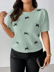 Vionelle Minimalist Sweet Casual 3D Bow Round Neck Knitted Plus Size Sweater Boutique Tops For Women Blouse For Women Casual Elegant Latest Tops For Women New Arrivals Premium Tops For Women Trending Tops For Women Cute Tops For Women Casual Tops For Women Butterfly Top For Women Business Casual Women Tops Clothes For Ladies - Mint Green - View 4