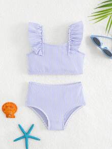 SHEIN Baby Girls' Minimalist Striped Children's Bikini Set, Ruffled Strap Tankini Swimsuit, Summer Cooling Style - Purple - View 3