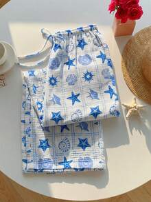 Comfortcana Quần ống rộng hai lớp bằng chiffon, cạp chun, chất liệu 100% cotton, họa tiết kẻ caro và đại dương, thích hợp mặc ở nhà và đi nghỉ mát. Hàng mới về mùa xuân/hè 2026, thời trang đa năng, phù hợp cho kỳ nghỉ biển, dạo chơi thường ngày, phong cách retro Y2K những năm 2000, món đồ không thể thiếu cho kỳ nghỉ xuân. - Màu xanh lam - Xem 3