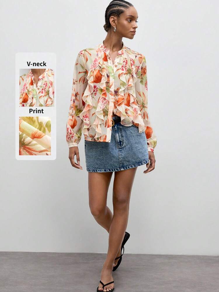 SHEIN Maija Outfit Deas For Blouse,Women's Elegant Commuter Floral Print Ruffle Hem Blouse,Floral Blouse,Ruffle Blouse,Festival Outfits For Women,Vacation Outfits For Women,Summer Outfits For Women Flower Shirt Floral Shirt Spring Blouse Spring Tops Blouse Women's Tops And Blouses Floral Blouse For Women Chiffon Blouse