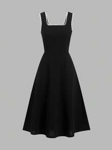 Ellevyn Contrast Trim Square Neck A-Line Waist Elegant Romantic Vacation Dress - Black - View 3