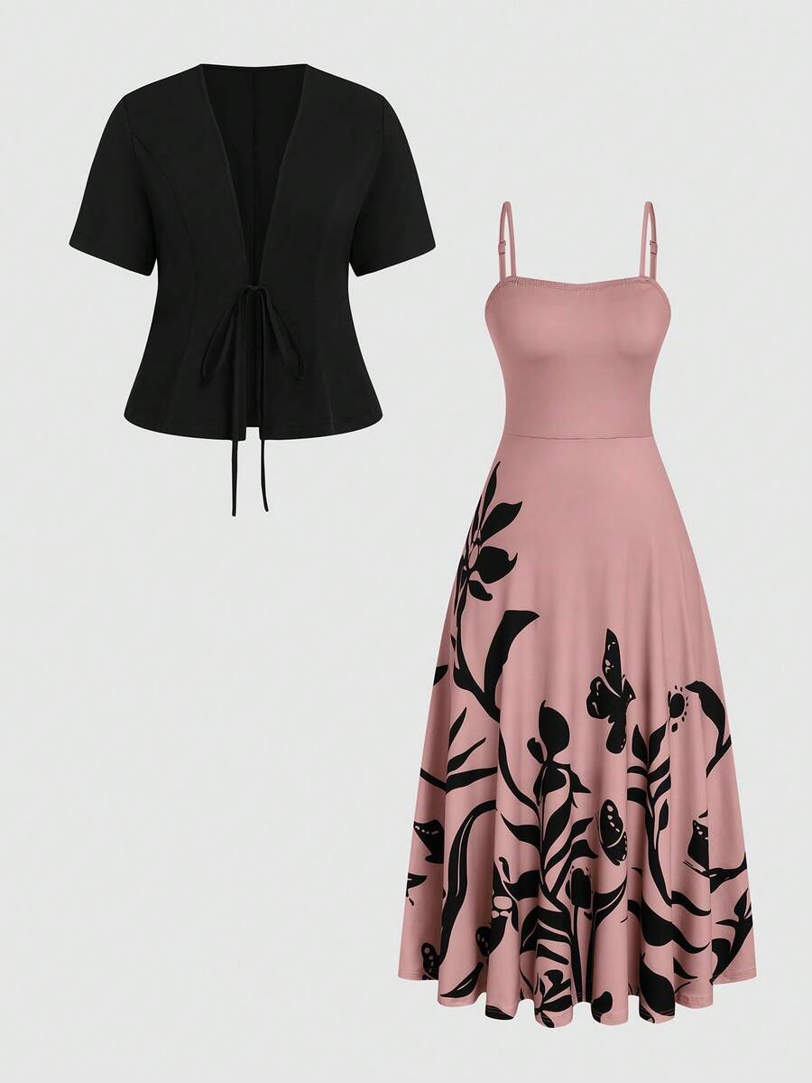 SHEIN Clasi Bộ đồ lót liền thân cạp chun cỡ lớn có viền ô và áo khoác cardigan tay ngắn - Màu Hồng baby - Xem 1