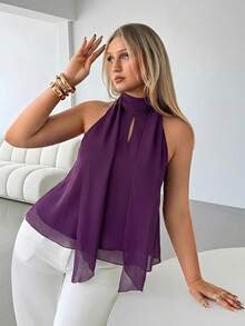 Auralis 大码女士夏季优雅纯色无袖系带衬衫 - 中紫紅色 - 查看 1