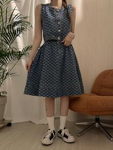 DAZY Women's Textured Washed Denim Sleeveless Loose Fit Skirt Suit, Korean Style - Blue - View 1
