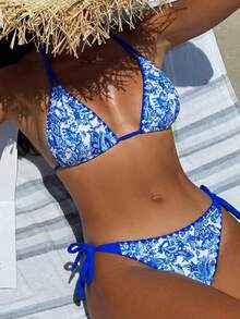 Bonvoyette Women's Summer Vacation Beach Fashion All-Over Print Halter Bikini Set Bathing Suits For Women 2 Pieces 2 Pieces Set Vacation Outfits Women Bikini Set - Blue - View 3