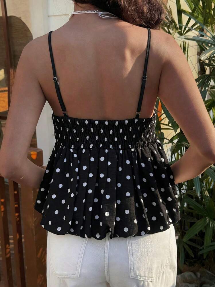 Black Polka Dot Camisole Top For Women, Suitable For Summer Vacation
