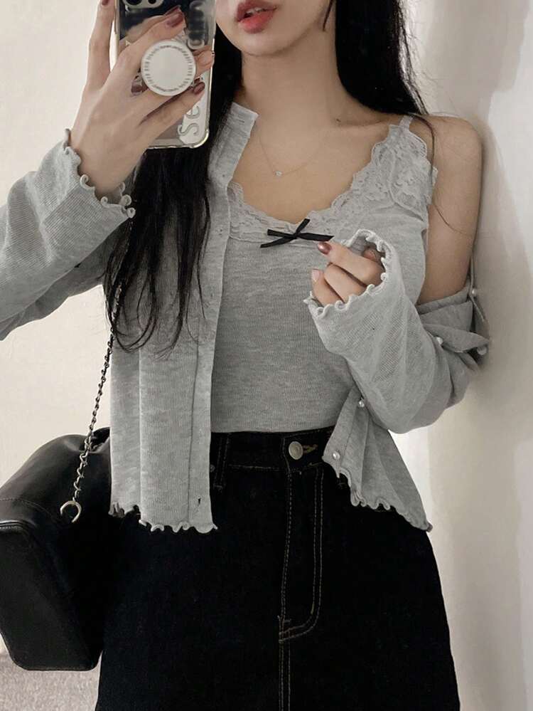 Women's Lace Patchwork Bow Decor Camisole And Single-Breasted Long Sleeve Knit Top, Casual Daily Wear 2-Piece Set Summer