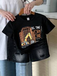 SHEIN 2 piezas Conjunto de camiseta de cuello redondo y pantalones cortos casuales y cómodos para niños, adecuado para volver a la escuela, ceremonia de graduación, uso diario. Adecuado para el hogar, salidas, playa y primavera/verano - Negro - Ver 4