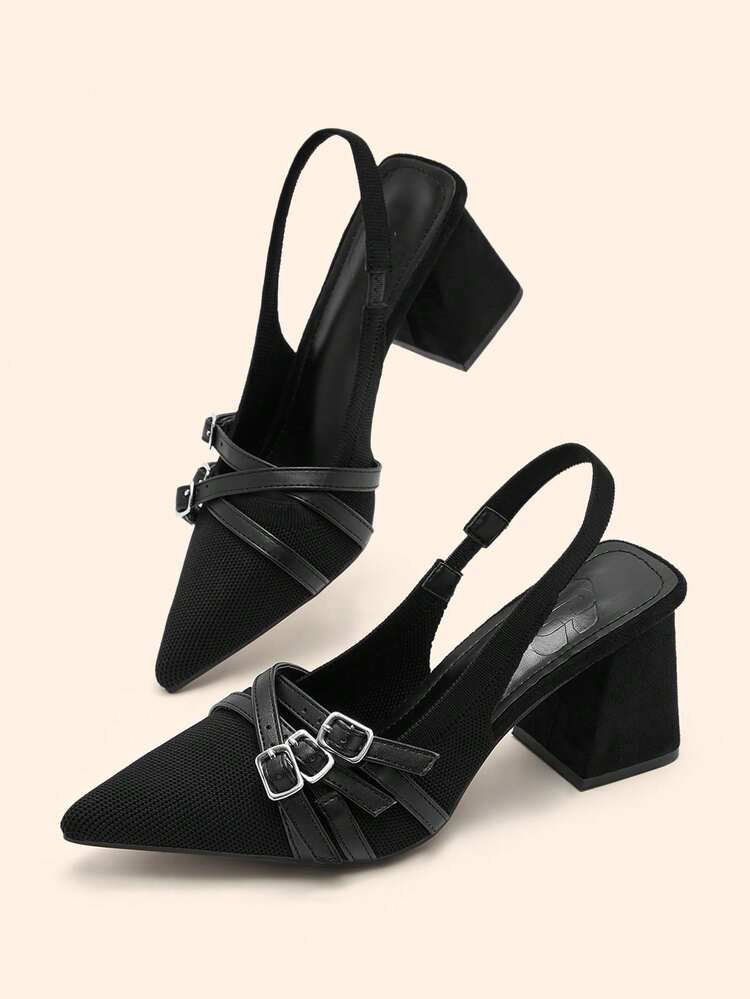 CUCCOO BASICS Women's Pointed Toe Chunky High Heel Black Knit Multi-Strap Buckle Comfortable Breathable Everyday Versatile Commute Outdoor Essential Mule Pumps Valentine's Day